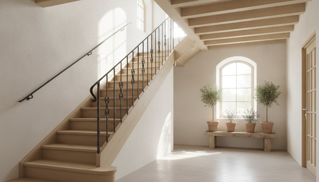 Escalier droit en bois avec main courante métallique dans une maison française