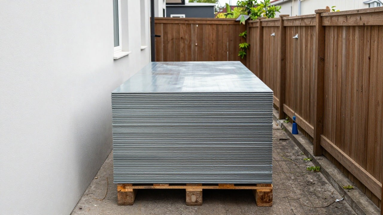Panneaux d'un kit de piscine livrés dans l'allée étroite d'un jardin