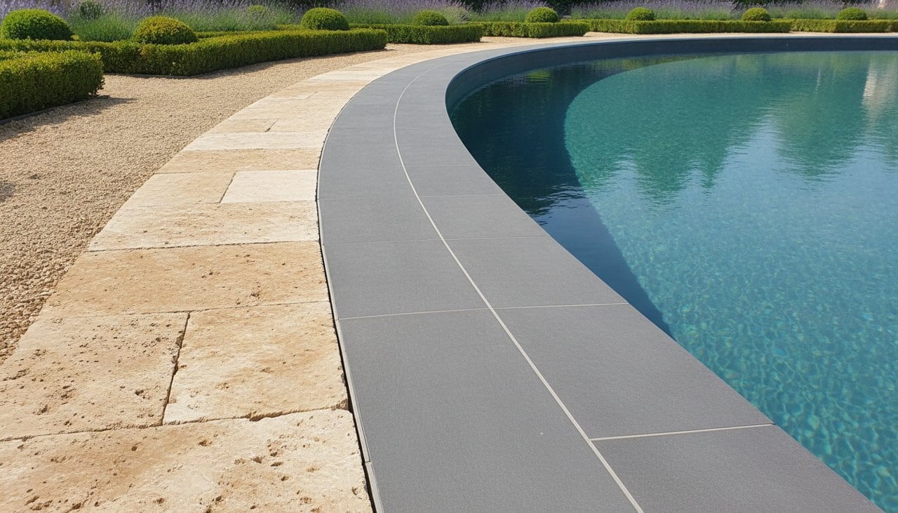 Margelles en travertin et en grès cérame anthracite posées côte à côte autour d'une piscine coque