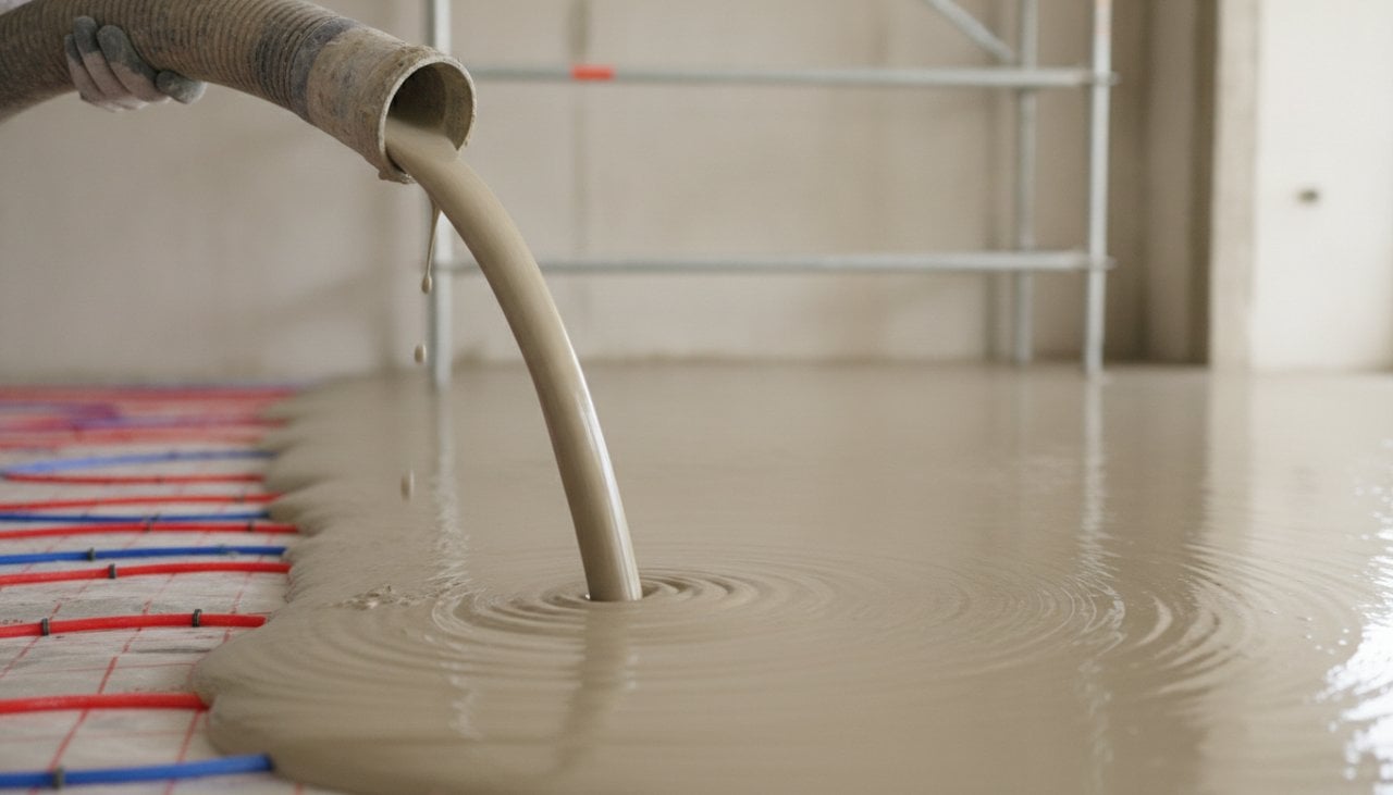 Chape liquide anhydrite coulée à la pompe sur un plancher chauffant avec les tubes visibles