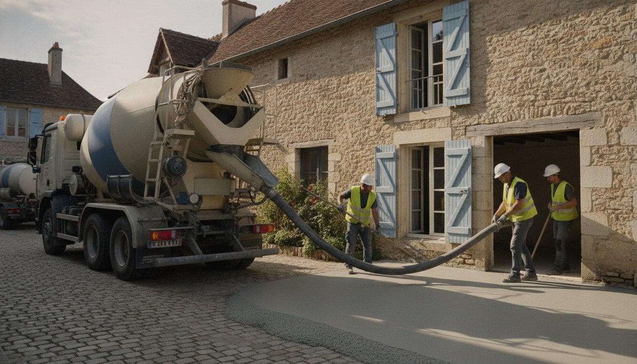 Camion-pompe devant une maison avec un tuyau passant par la fenêtre pour couler une chape liquide