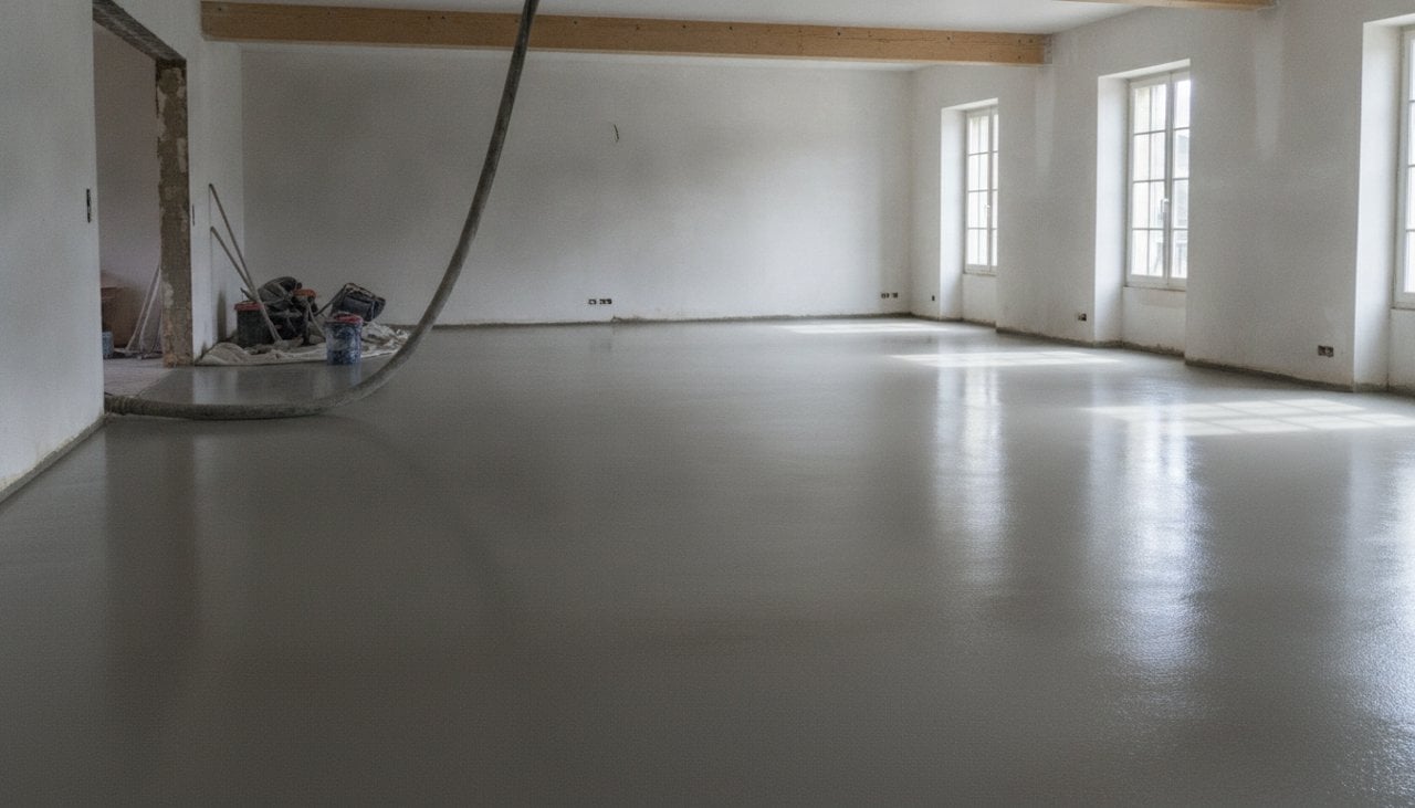 Chape liquide autonivelante fraîchement coulée, surface grise lisse dans une pièce de maison en rénovation