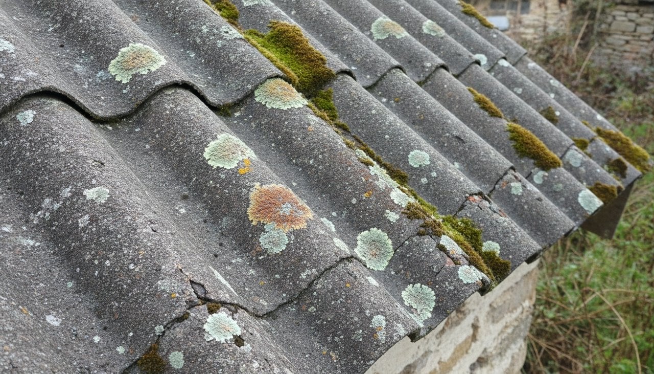 Plaques de toiture ondulées en fibrociment grises recouvertes de mousse sur une dépendance ancienne