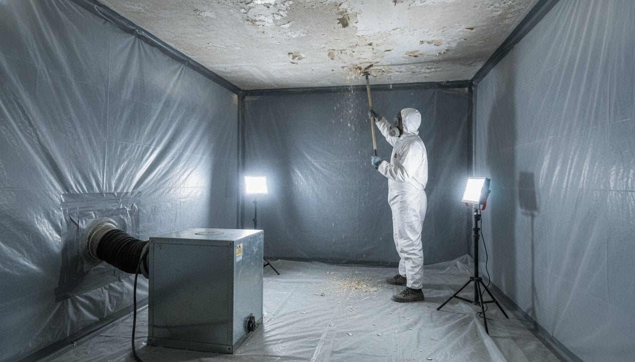 Zone confinée sous film polyéthylène avec extracteur d'air et technicien en combinaison blanche retirant un revêtement amianté