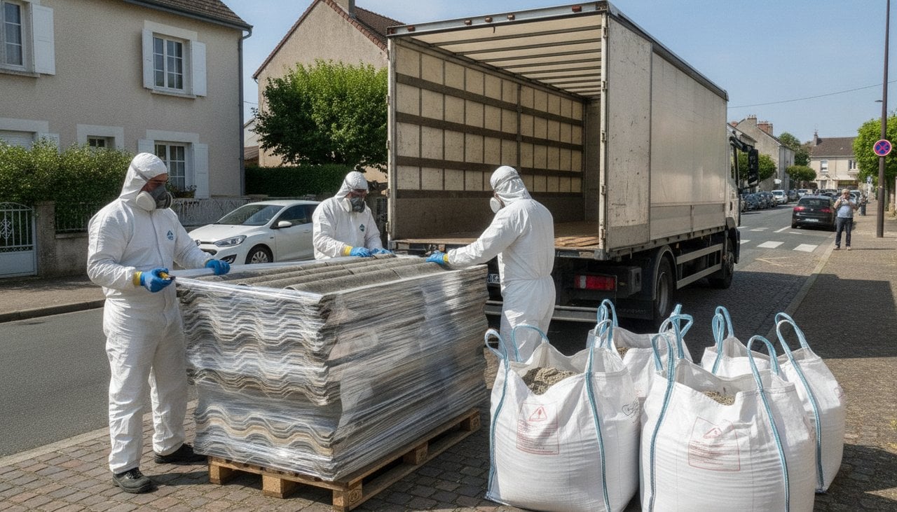 Ouvriers en combinaison blanche emballant des plaques déposées sur une palette à côté de big bags scellés