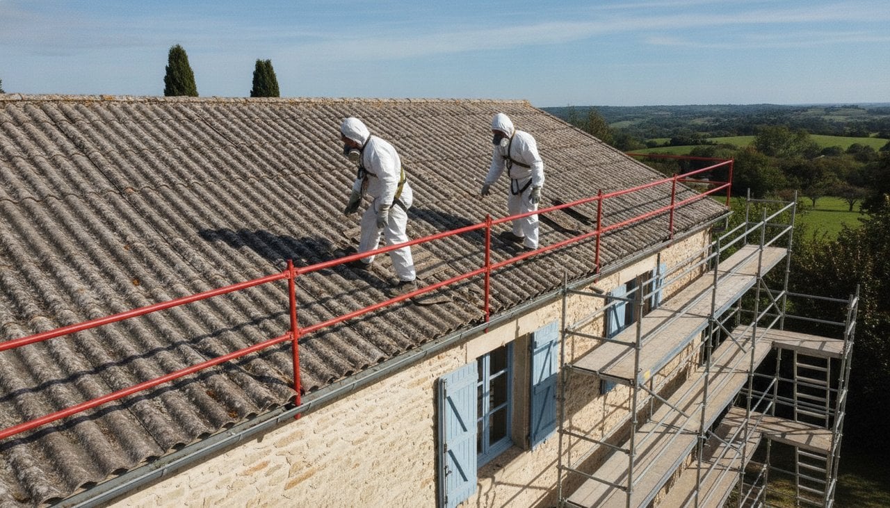 Ouvriers en combinaison blanche et masque sur une toiture en fibrociment lors d'un désamiantage