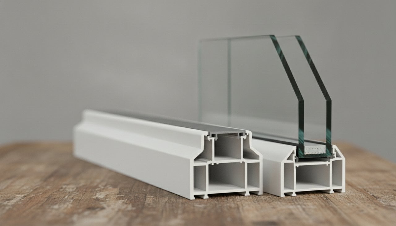 Échantillon de profilé PVC blanc multi-chambres et module de double vitrage avec intercalaire