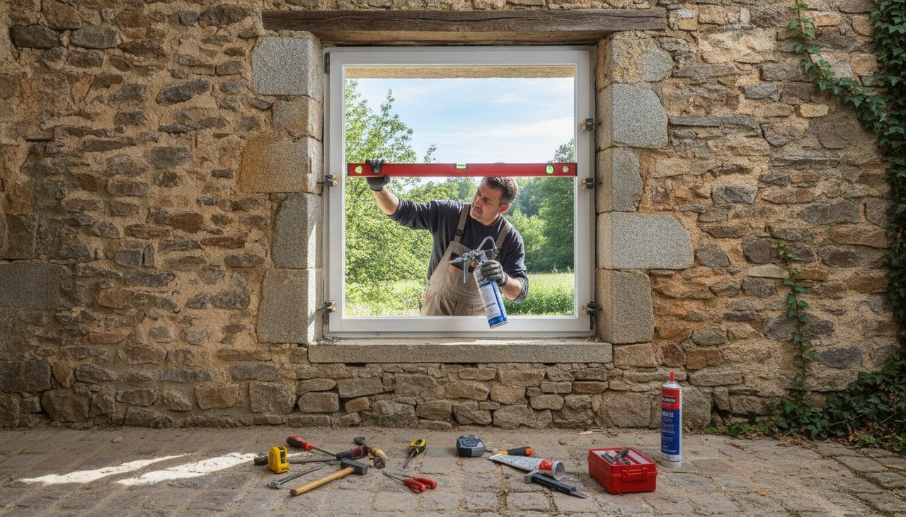 Installateur posant une fenêtre PVC blanche dans une ouverture en pierre avec niveau à bulle et pistolet à mousse