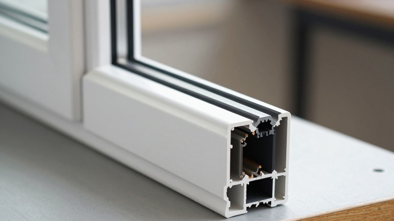 Close-up cross-section of a white PVC window frame showing double glazing with a spacer bar resting on a workbench
