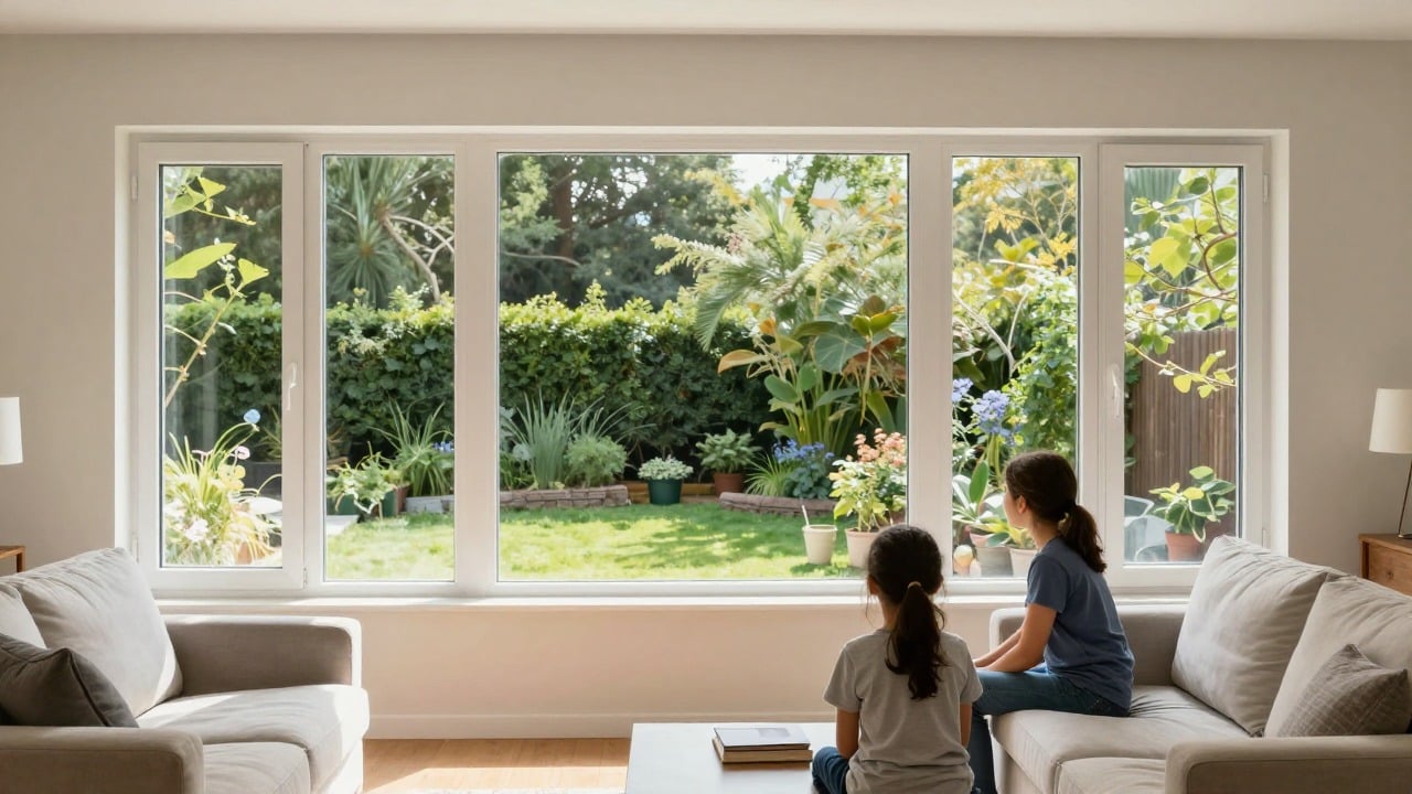 Family living room with large white PVC windows overlooking a garden on a sunny morning