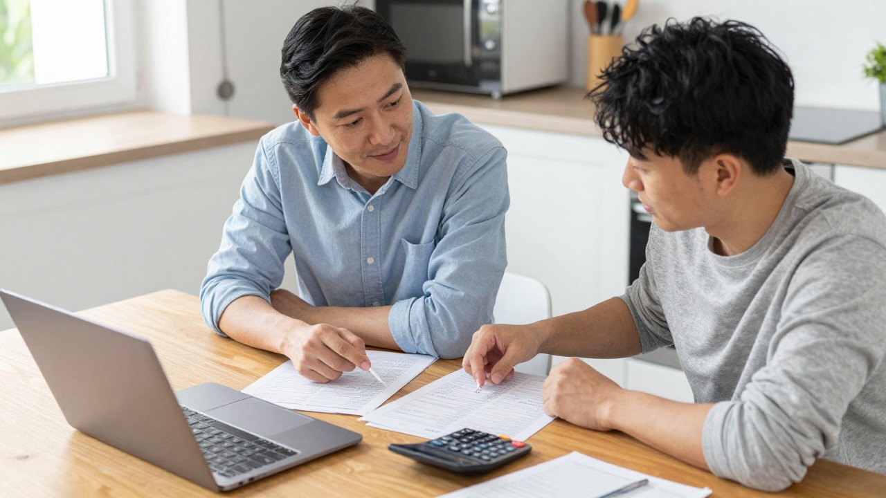 A couple sitting at a dining table reviewing printed quotes and a calculator with a laptop, bright kitchen, daytime