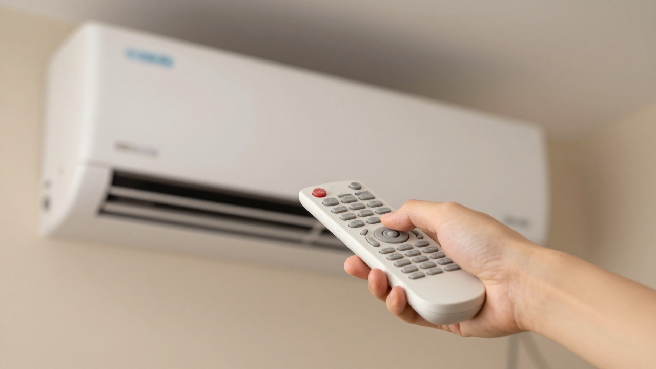 Close-up of a hand holding a remote control pointed at a white split air conditioner unit in a living room, warm evening light