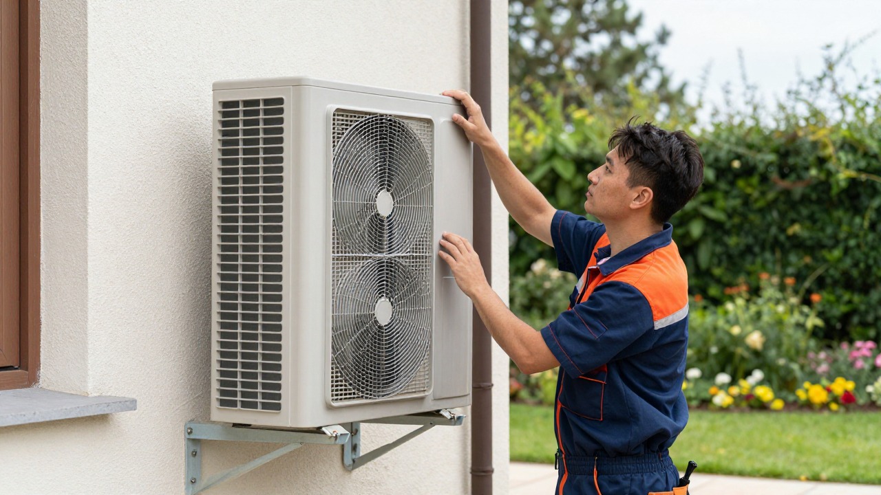 Installer technician in work clothes mounting a grey outdoor heat pump unit on a bracket against the exterior wall of a French house, garden in the background