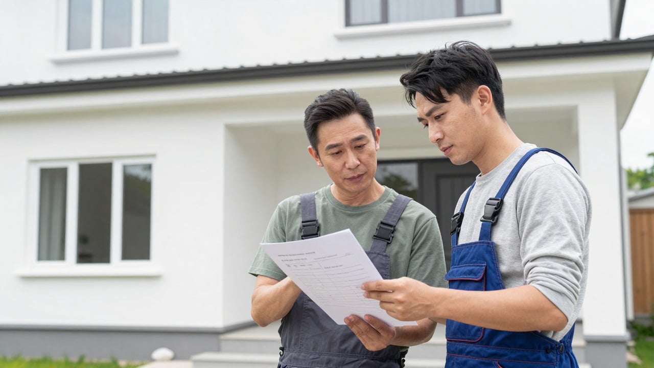 A homeowner and an artisan reviewing a printed quote together in front of a freshly renovated white house facade
