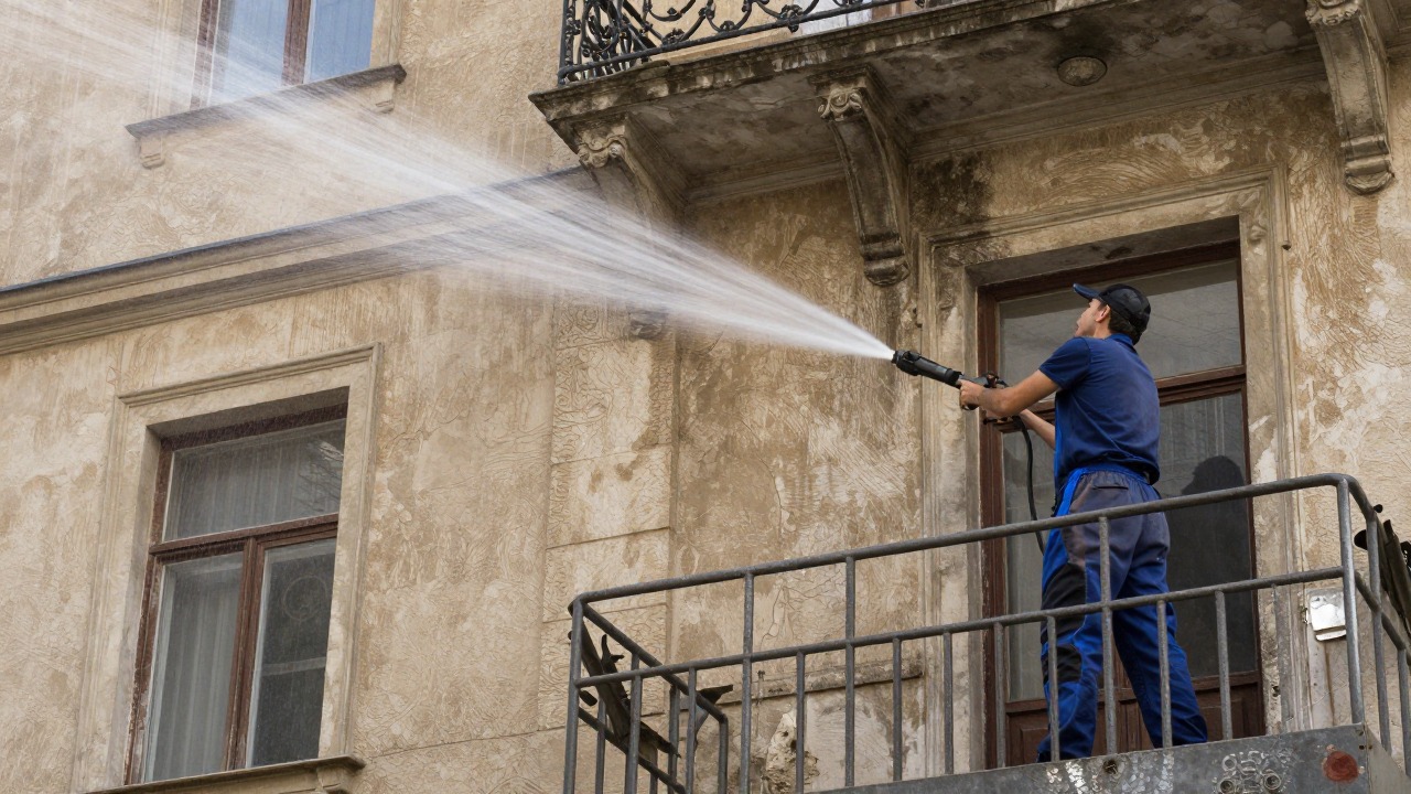 A tradesman standing on a platform lift cleaning a dirty old building facade with a high-pressure washer, water spray catching the sunlight