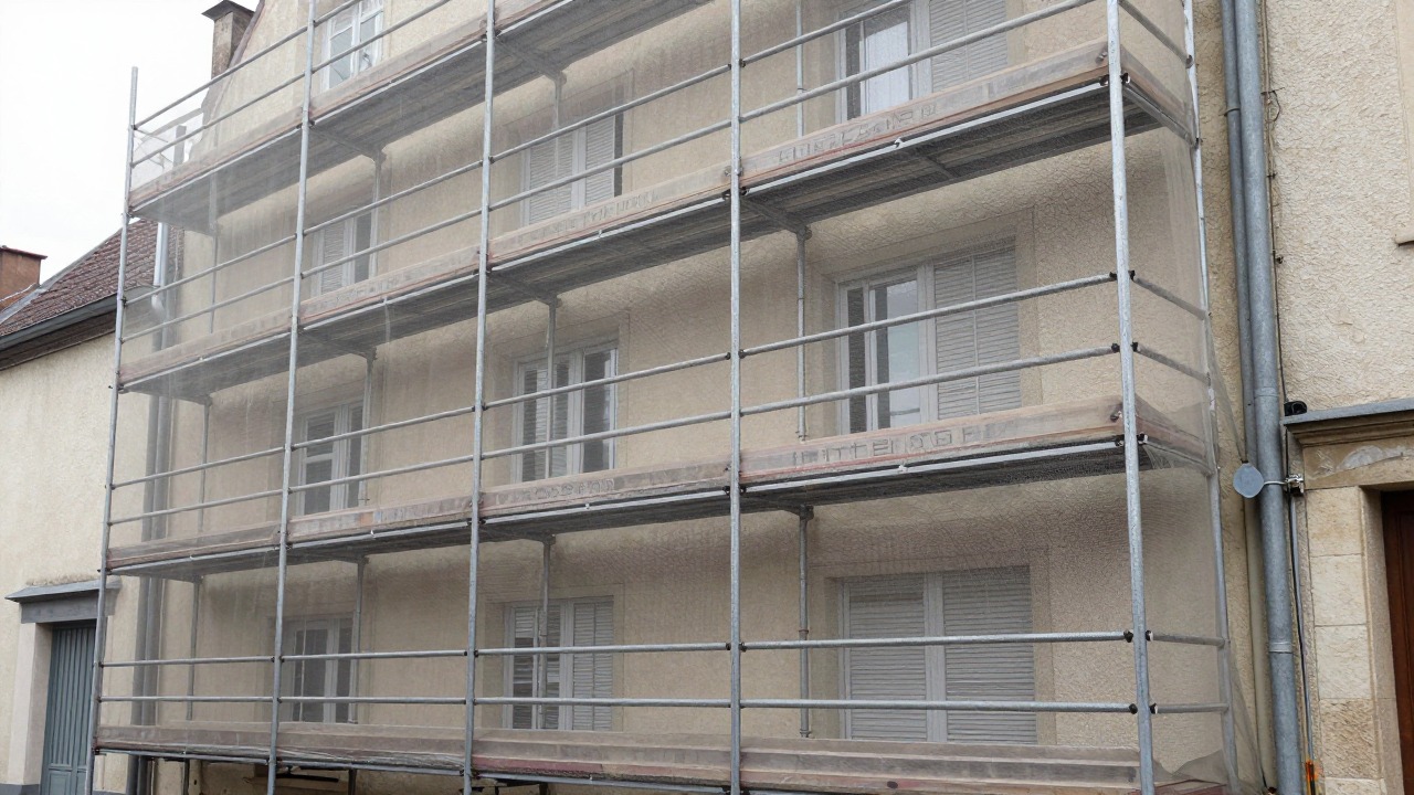 Scaffolding covered with protective netting along the front of a three-storey residential building in a French town street