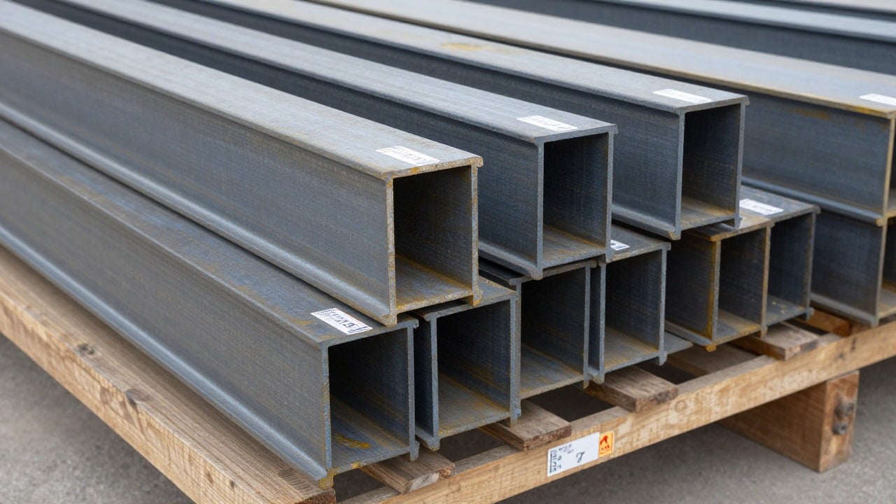 Cross-section style photo of steel I-beams of different heights stacked on a builder merchant rack with price tags