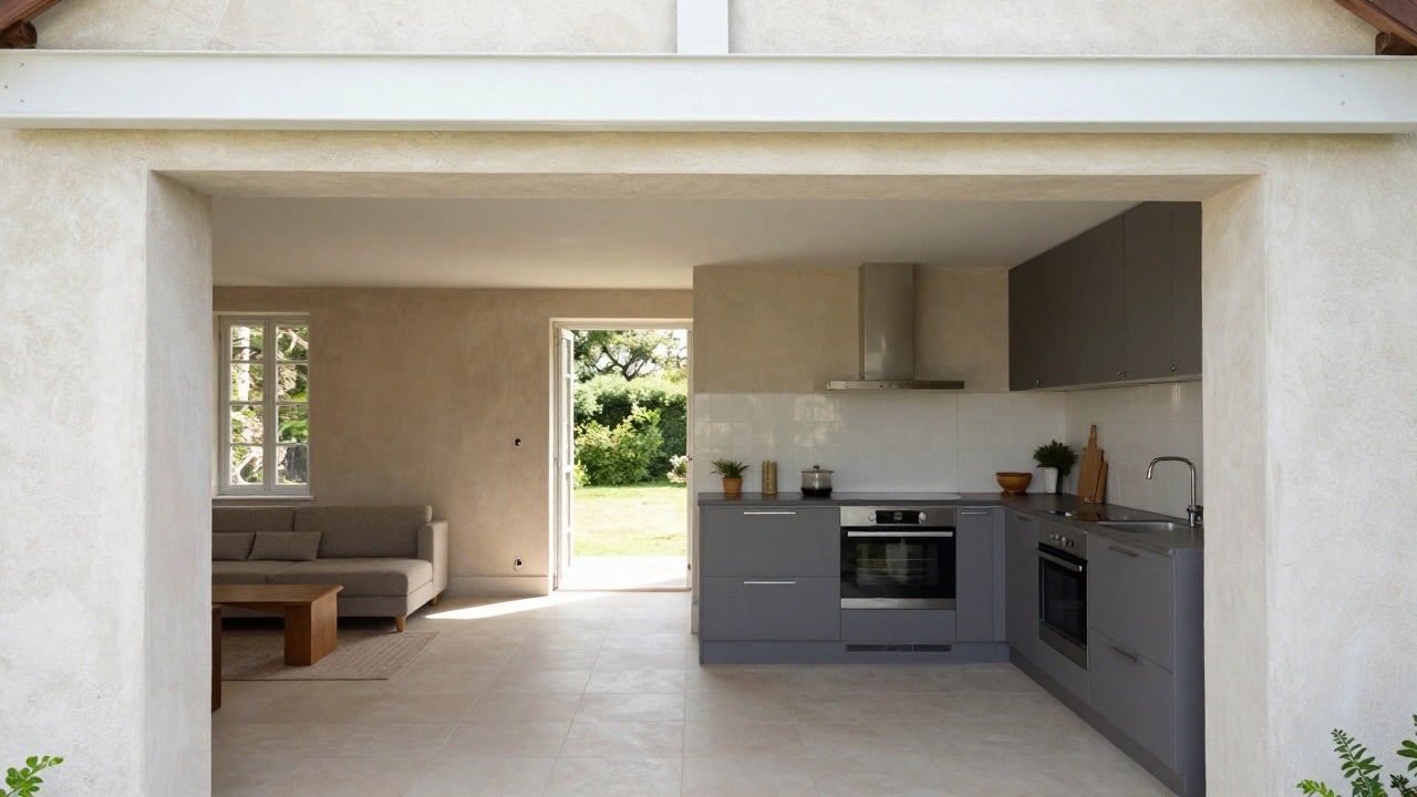 Finished open-plan kitchen and living room in a French house with a plastered wall opening and a white-painted steel beam above it