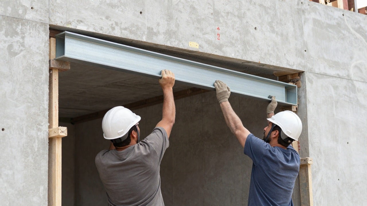 Two workers in helmets lifting a painted steel I-beam into place above an opened wall opening with temporary props in a renovation site