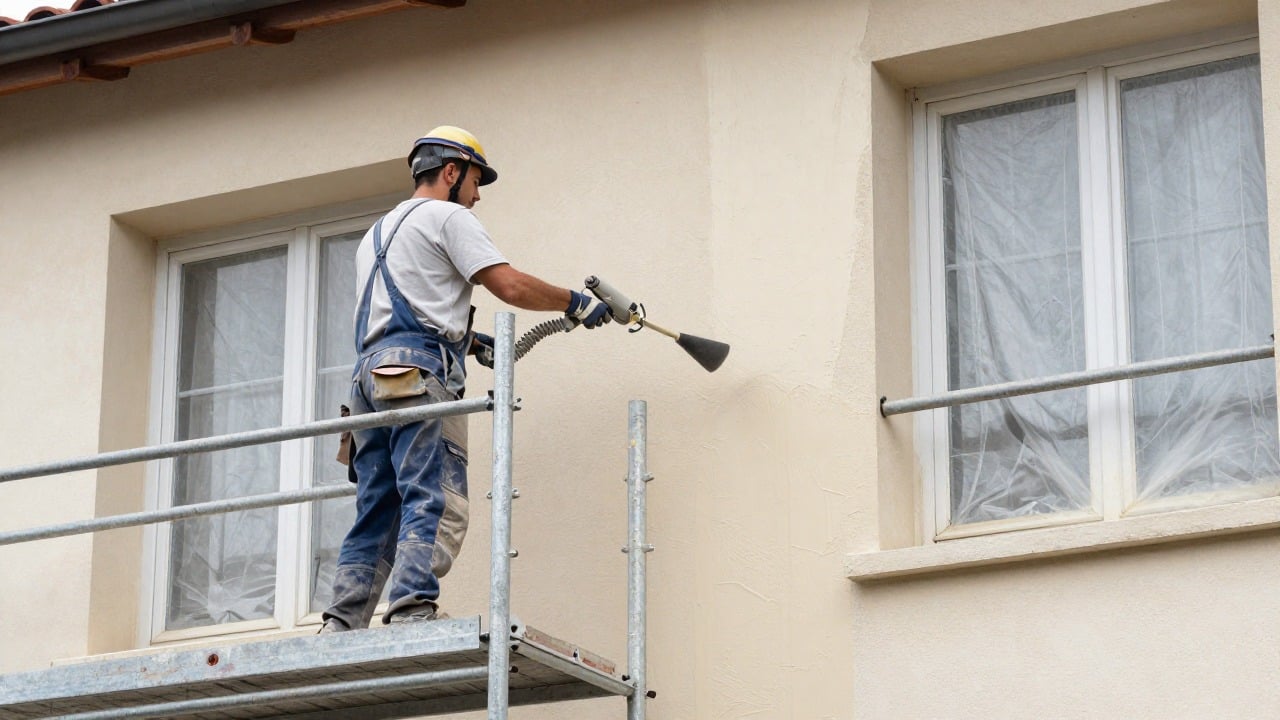 Façadier projetant un enduit sur une façade de maison depuis un échafaudage