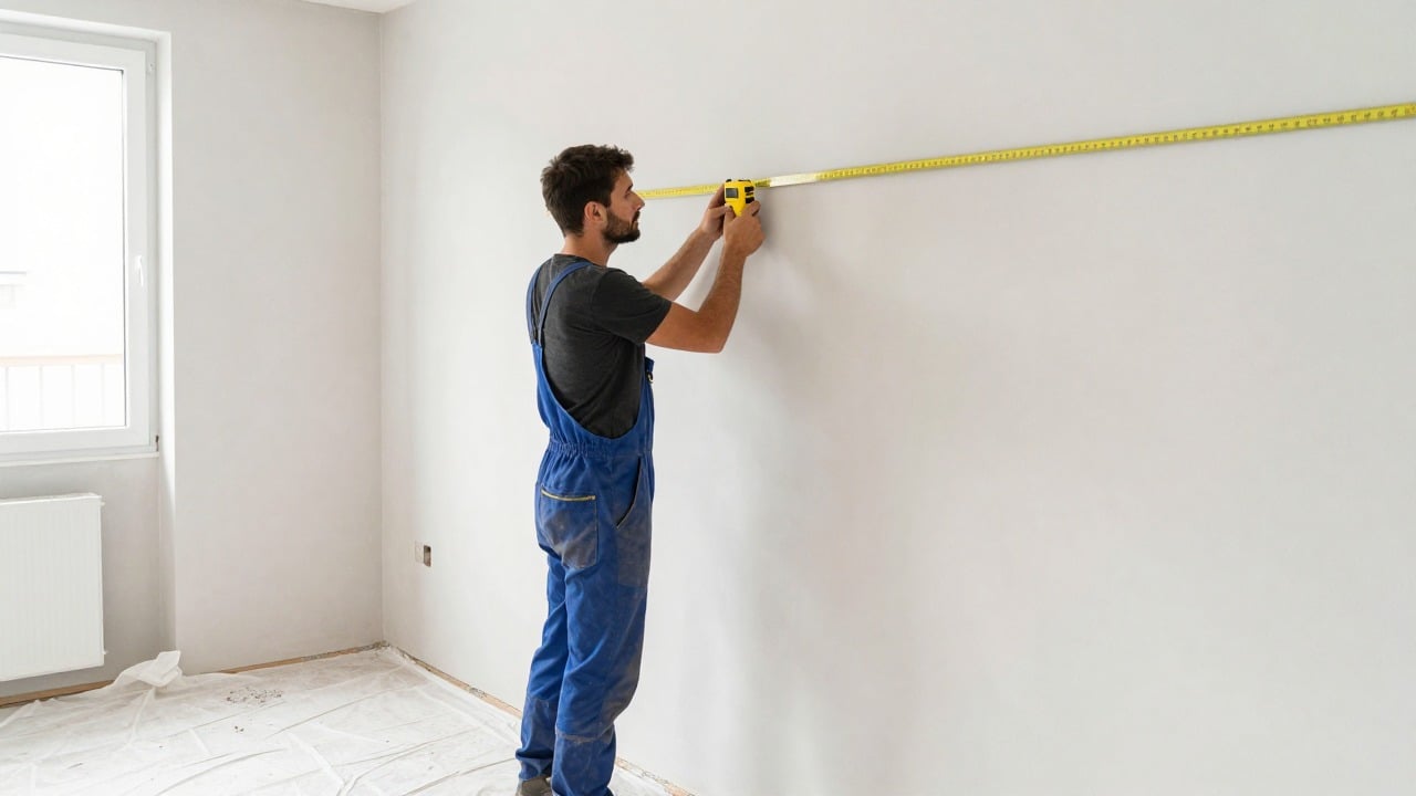 A craftsman plasterer measuring a freshly plastered wall with a laser distance meter in a French apartment under renovation, dust sheets on the floor, bright natural light, no text