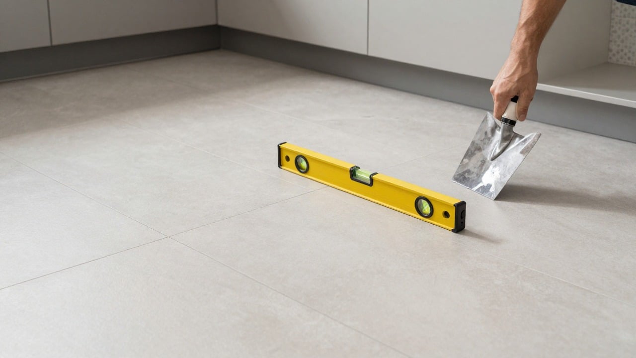 A tiler laying large format floor tiles in a modern kitchen in a French house, spirit level and trowel on the floor, warm daylight, no text