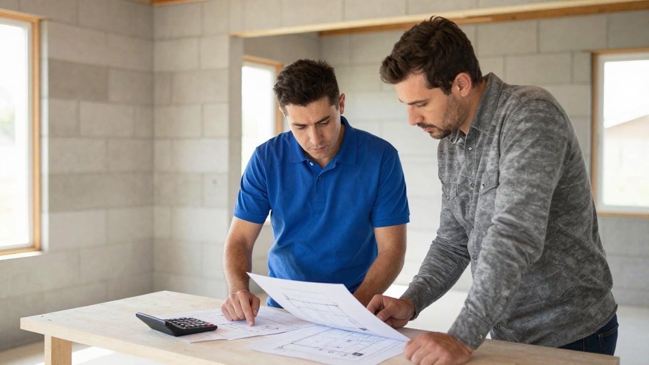 Two professionals, a contractor and a homeowner, comparing building plans and a calculator on a table inside a house shell with bare breeze block walls, afternoon light, no text