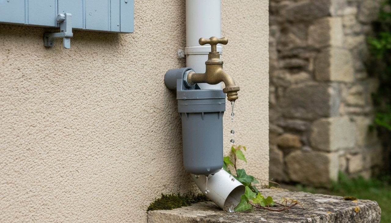 Robinet et collecteur filtrant d'un récupérateur d'eau de pluie sur une descente de gouttière