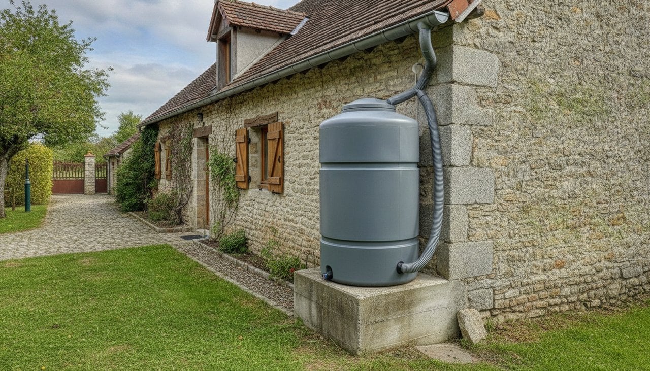 Cuve de récupération d'eau de pluie de 1 000 litres posée sur dalle près d'une maison