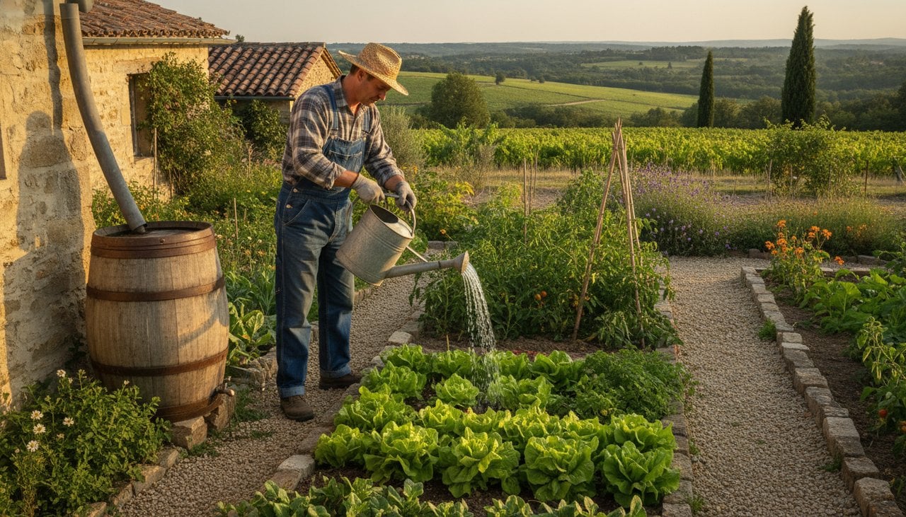 Arrosage d'un potager avec de l'eau récupérée dans un tonneau de pluie