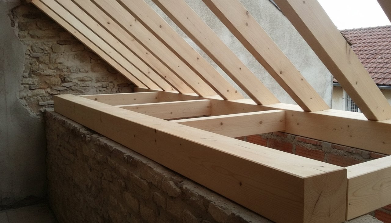 Structure d'une charpente bois à une pente avec sablières, pannes et chevrons