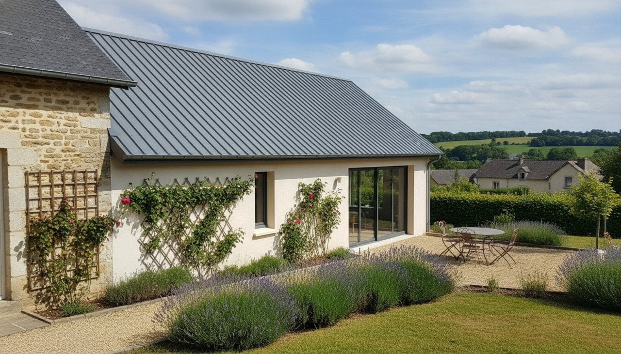 Toit monopente en bac acier sur une extension de maison avec gouttière