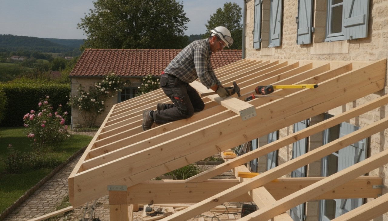 Charpentier posant des chevrons sur une charpente monopente en bois