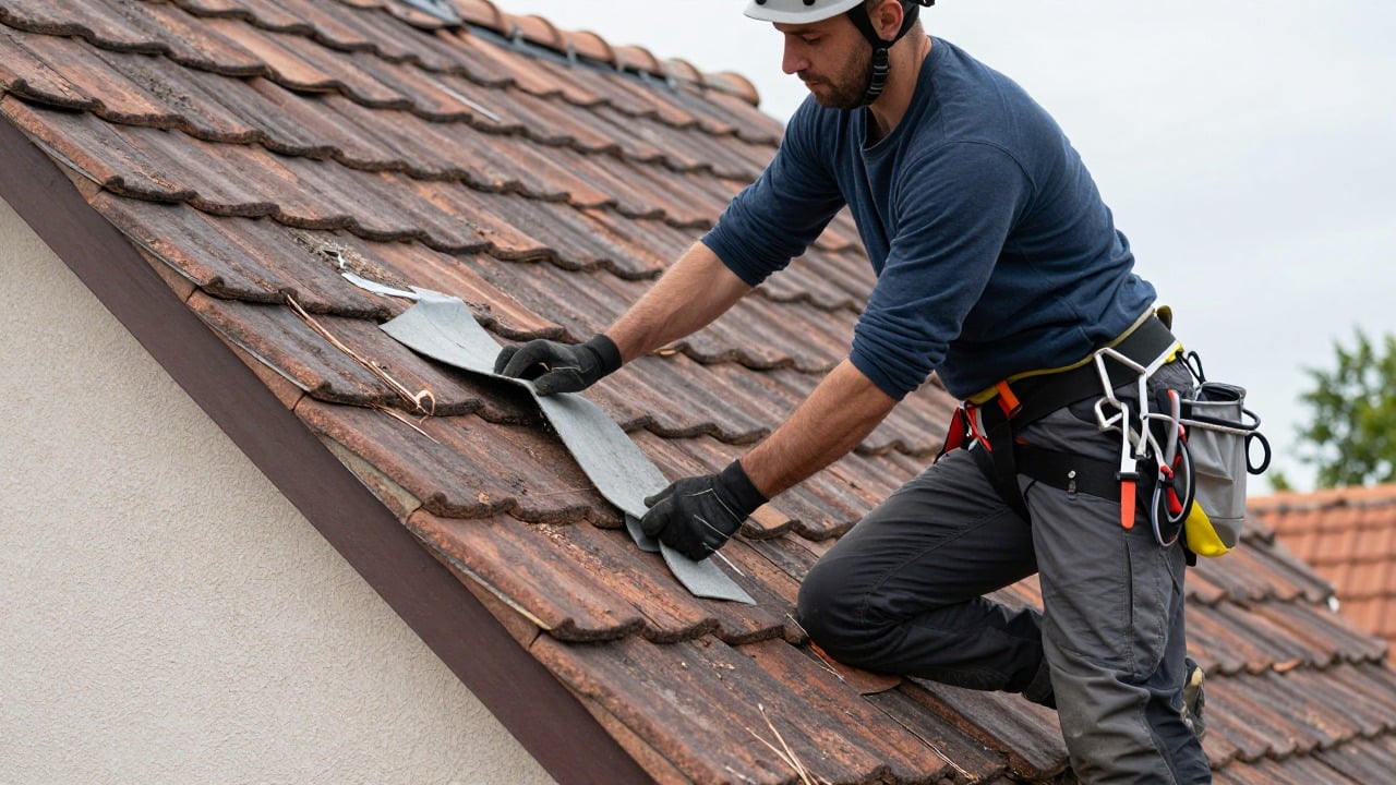 Close-up of a roofer replacing old tiles on a pitched roof of a French house during renovation