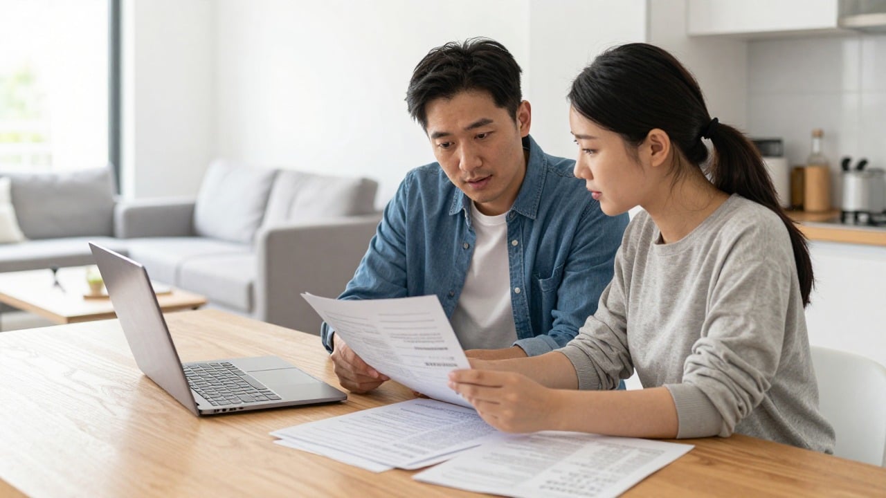 Couple at a kitchen table reviewing renovation paperwork, quotes and a laptop in a bright living room