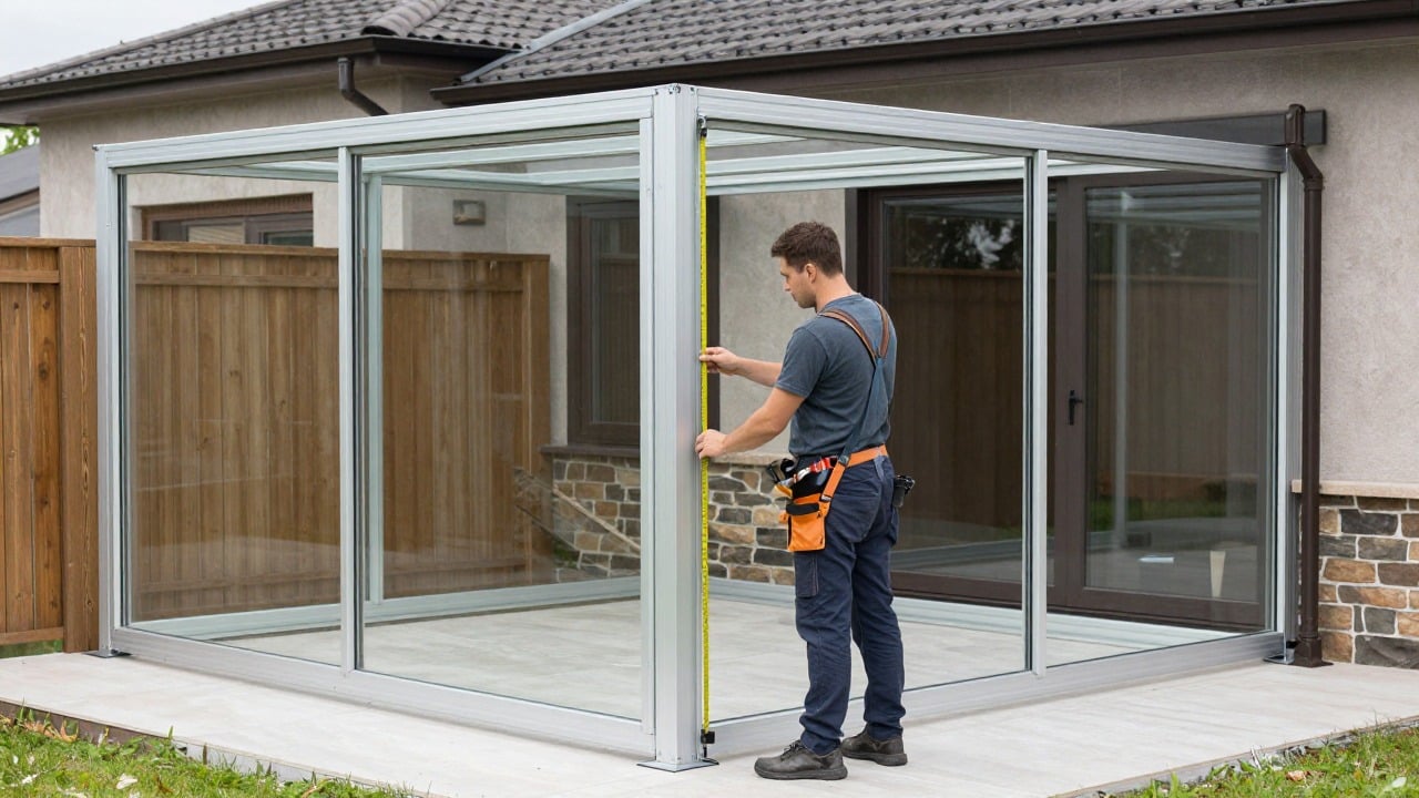 Installer measuring the aluminium frame of a 20 square meter veranda on a house terrace
