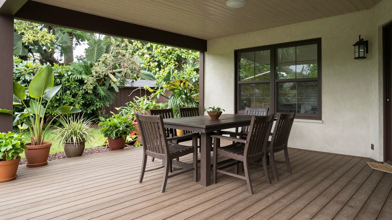 Interior of a finished veranda used as a dining room with plants and wooden floor
