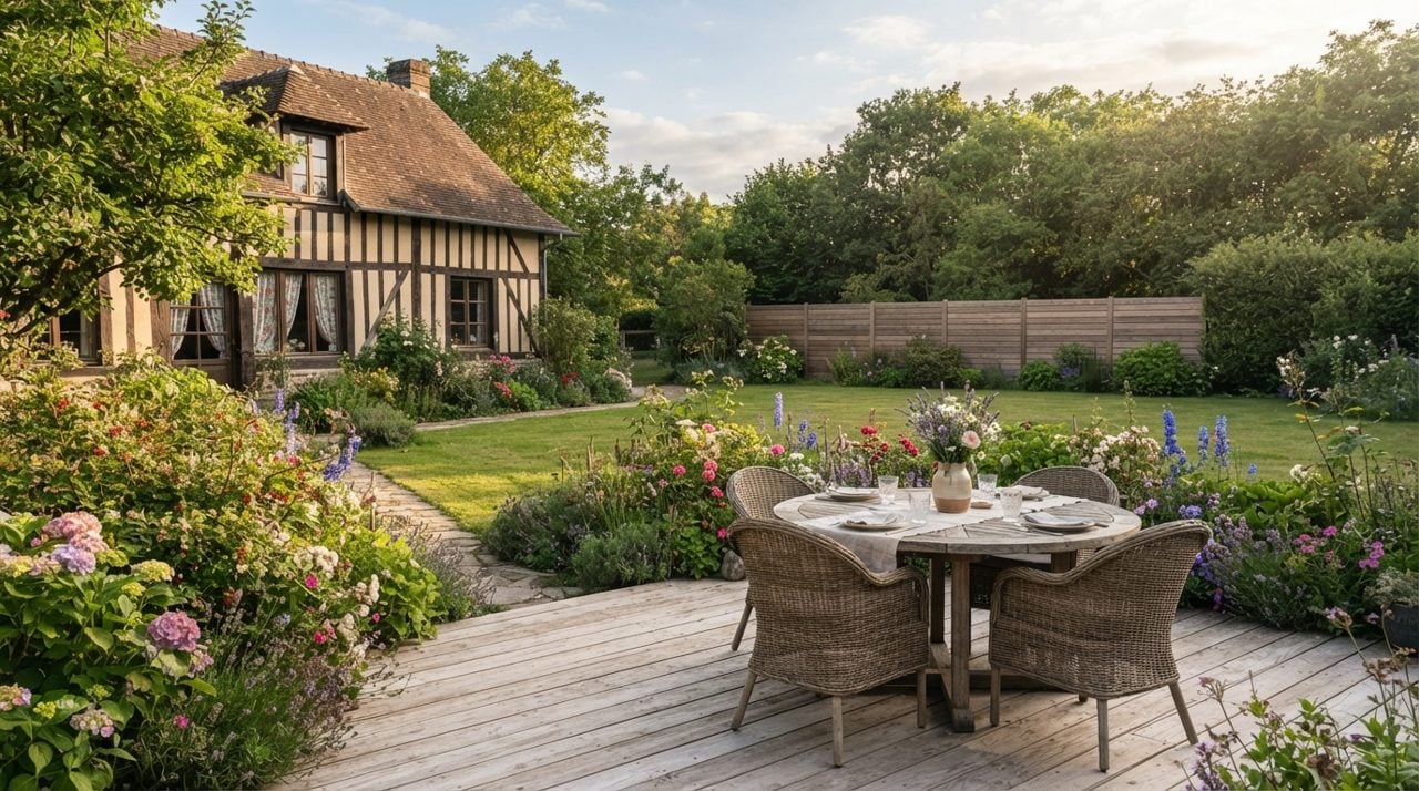Jardin aménagé avec terrasse en bois, clôture à lames horizontales et massifs fleuris