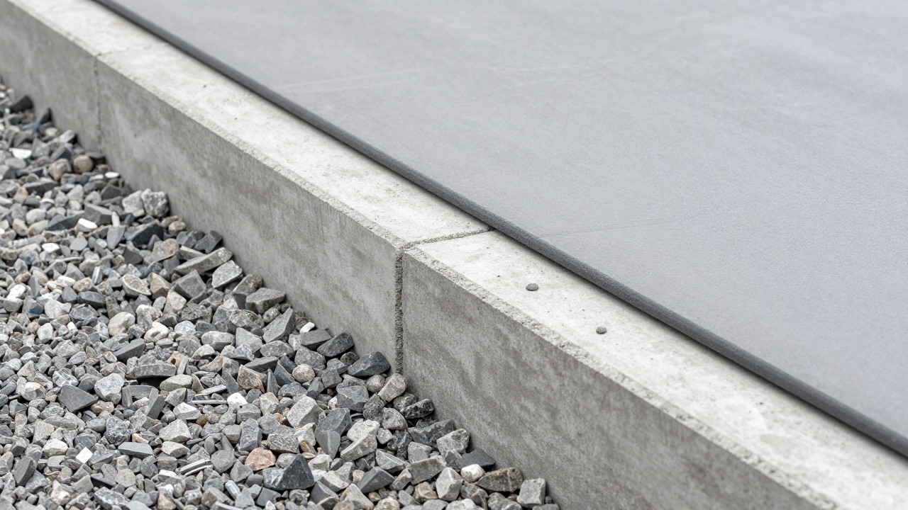 Close-up of a freshly built raised concrete terrace edge showing a concrete block retaining wall, gravel drainage and the slab surface being levelled with a screed