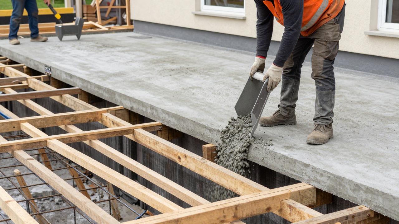 Construction workers pouring concrete into a wooden formwork with steel reinforcement mesh for a raised terrace slab behind a house