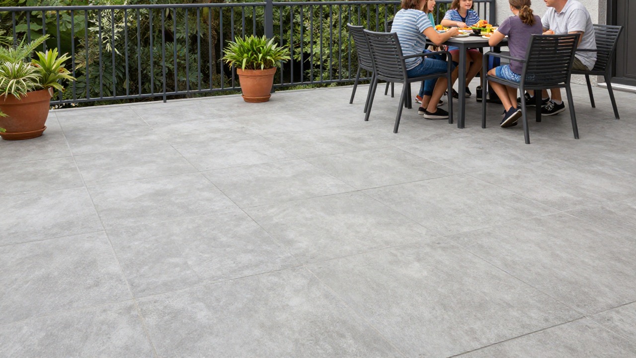 Finished raised concrete terrace with large grey porcelain tiles, a metal railing, potted plants and a family having lunch at a table