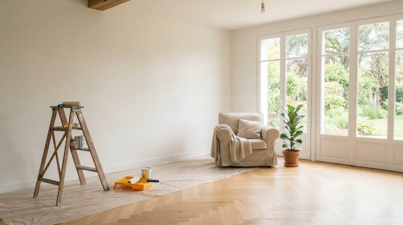 Salon rafraîchi avant la vente : murs repeints en blanc et parquet poncé