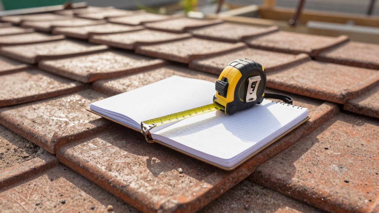 A tape measure and notebook with calculations resting on a pile of roof tiles at a construction site, warm afternoon light