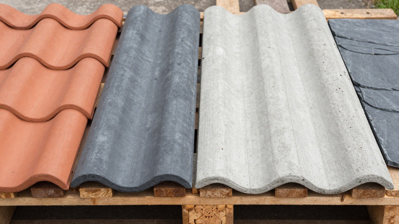 Close-up of different roof tile types laid side by side on a wooden pallet: terracotta, slate grey and flat concrete tiles, outdoor daylight