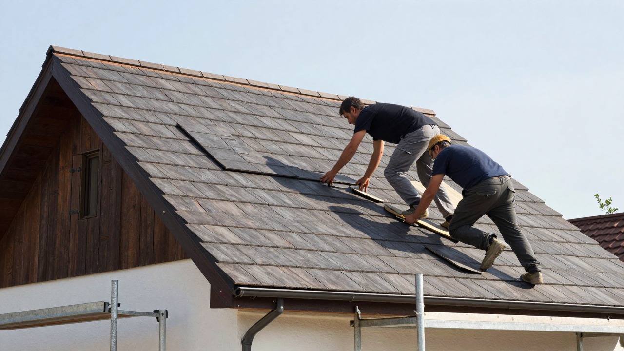 Two roofing workers laying new tiles on a renovated roof frame of a detached house, scaffolding visible, bright day