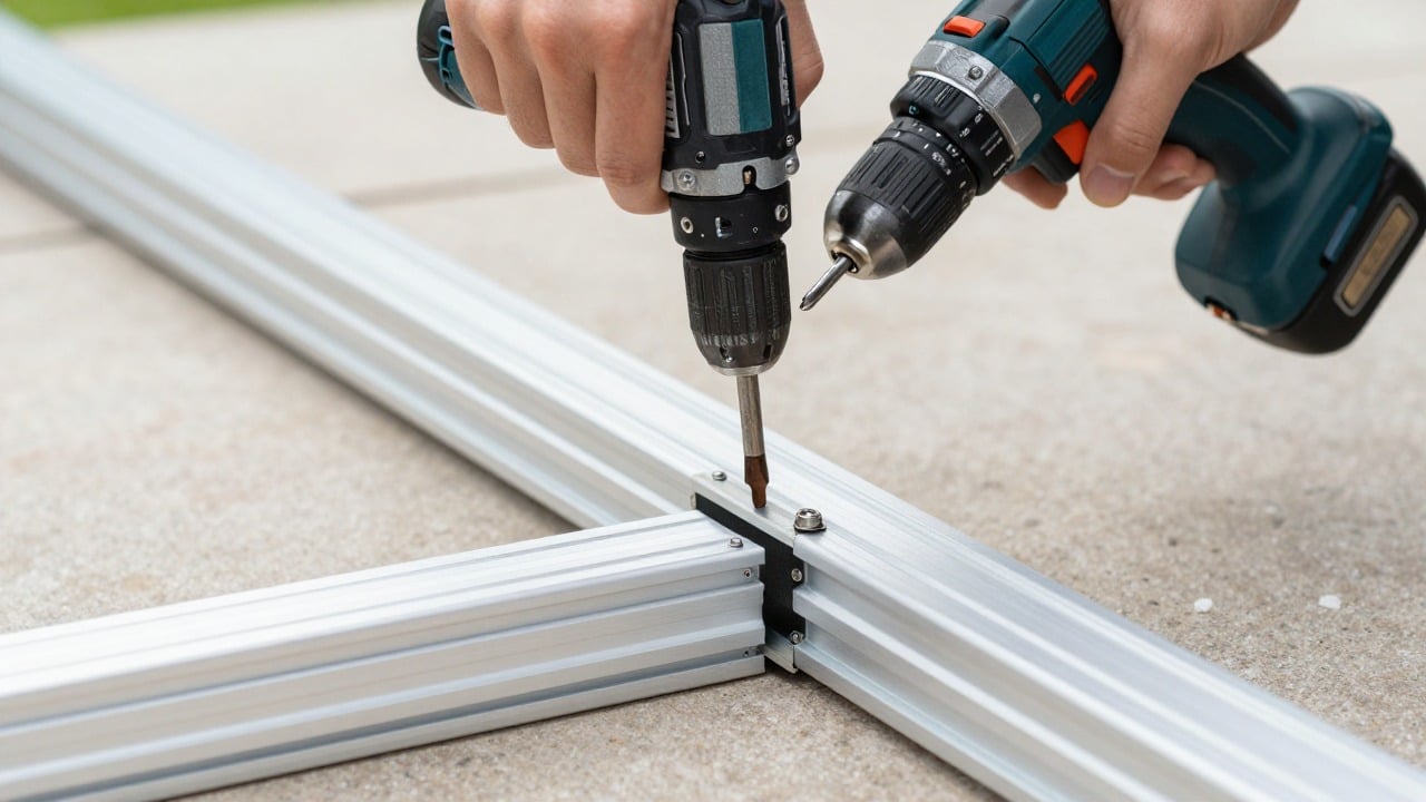 Close-up of hands screwing an aluminium profile of a veranda kit with a cordless drill on a terrace