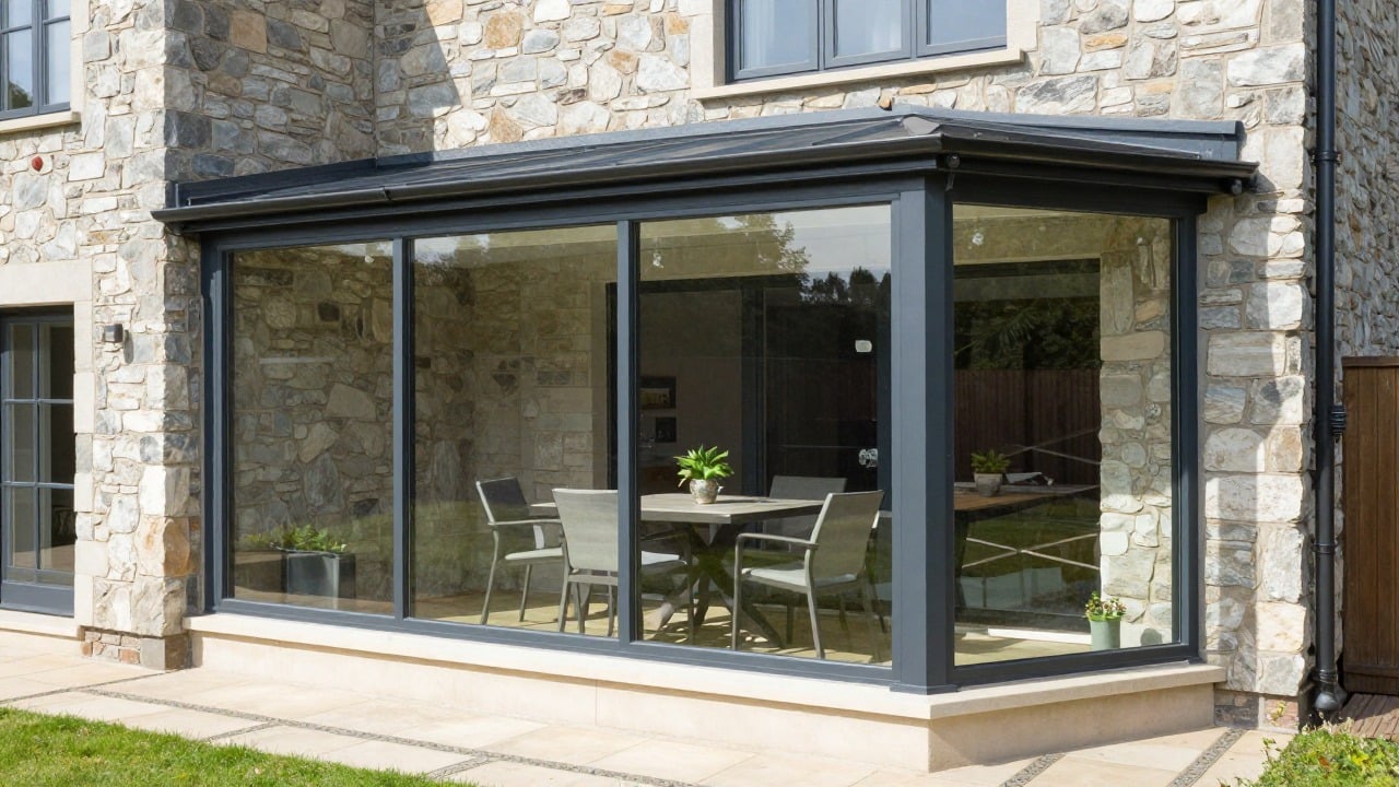 Finished glass veranda extension attached to a stone house with a dining table and chairs inside, bright daylight