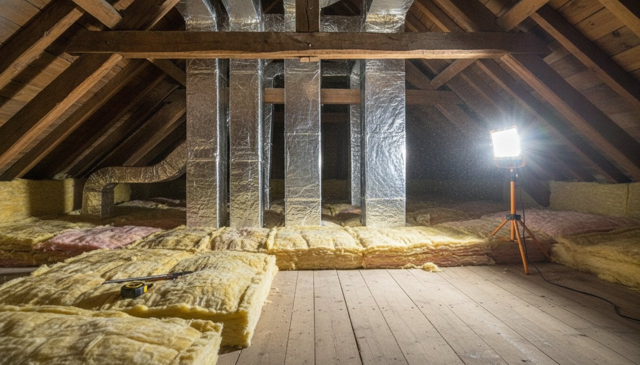 Gaines isolées de VMC double flux posées dans des combles perdus