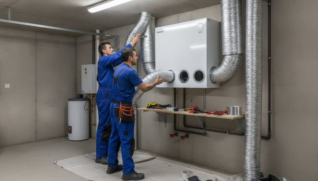 Artisan chauffagiste raccordant les gaines d'un caisson de VMC double flux thermodynamique